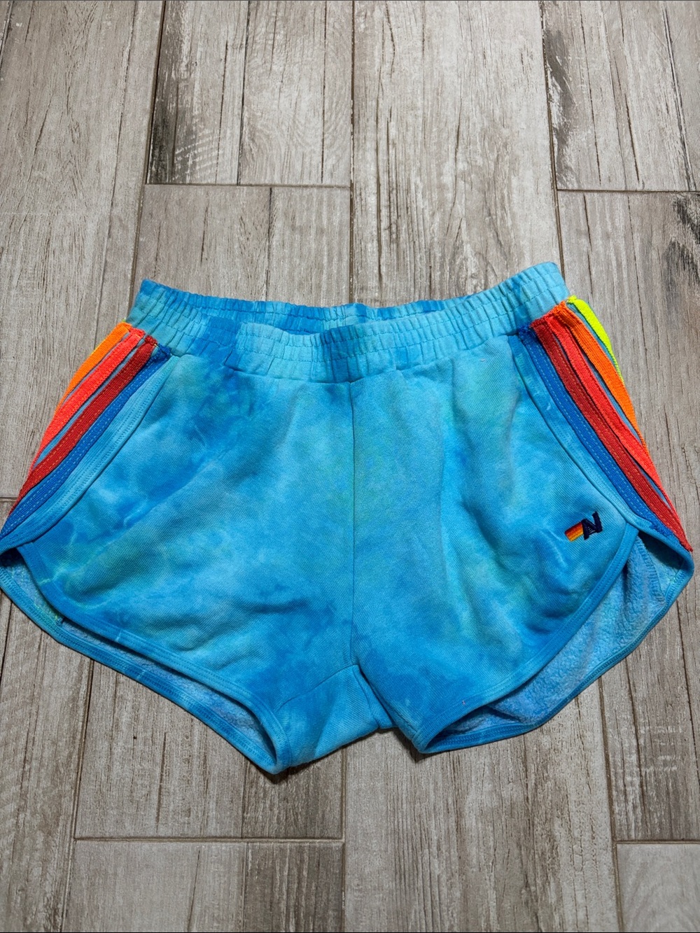 Aviator Nation Blue Tie-Dye Athletic Shorts with 5 Rainbow Side Stripes